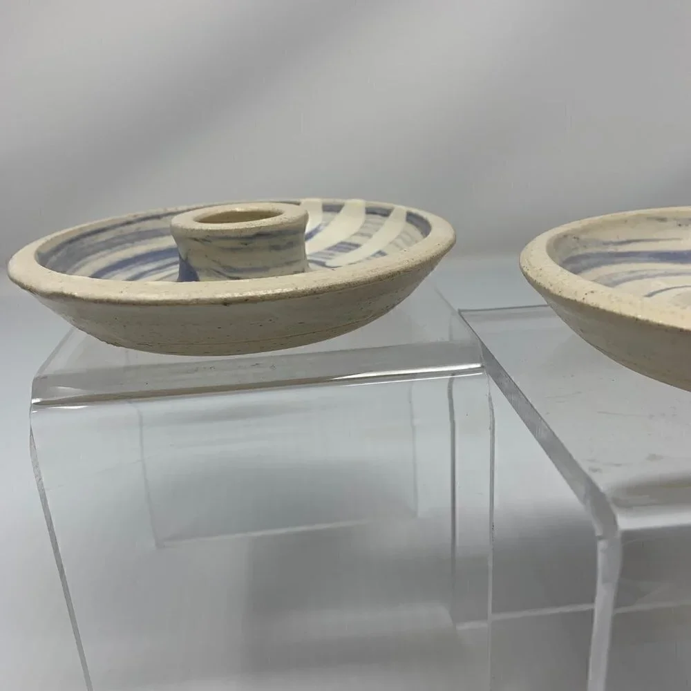 Taper Candle Holders Studio Pottery Set of 2 Handmade Blue Swirl Vintage